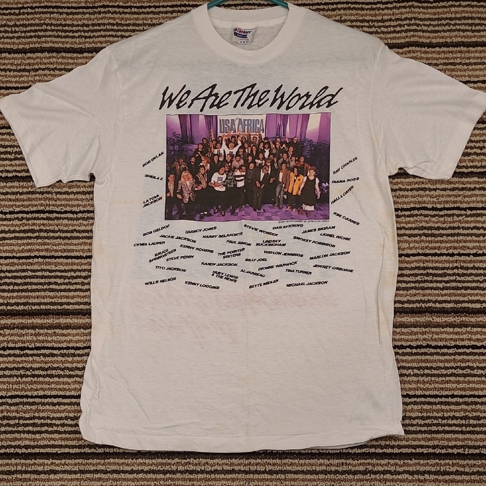WE ARE‎ THE WORLD US for Africa White Blue Cotton Sz M Mens T Shirt VTG 80s RARE